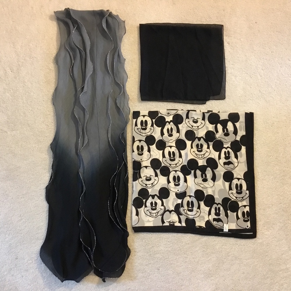 Lot Bundle 3 black scarves, various sizes, all soft, lightweight & exc condition
